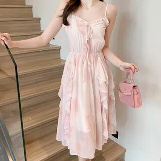 Spaghetti Strap Floral Print Midi A-Line Dress Dress - Floral - Pink by Moon City
