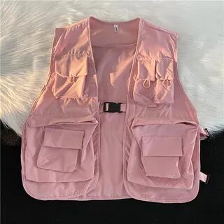 Buckled Multi-Pocket Vest Pink by Plummie