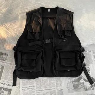 Buckled Multi-Pocket Vest Black by Plummie