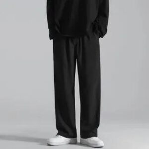 Drawstring Waist Plain Loose-Fit Sweatpants Black 235427807
