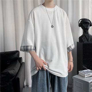 Elbow-Sleeve Crew Neck Plaid Panel T-Shirt White by Koiyua
