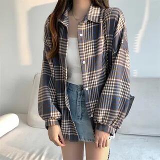 Puff-Sleeve Plaid Button-Up Shirt / Plain Camisole Top Shirt - Normal - Plaid - Blue by Strawolf