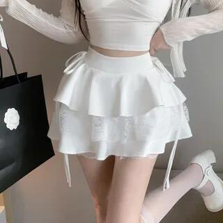 High Rise Plain Lace Trim Ruffle Mini A-Line Skirt White by Isaaca