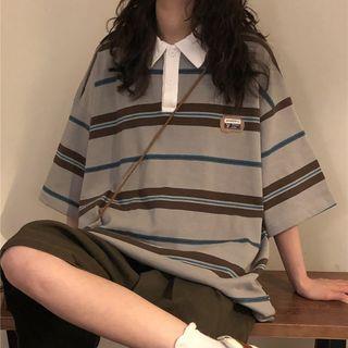 Elbow-Sleeve Collared Striped T-Shirt Stripe - Gray by Daybreak