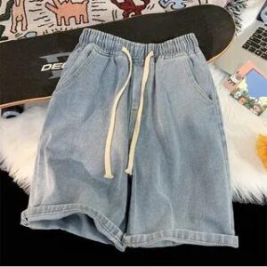 Drawstring Waist Washed Denim Shorts Light Blue 235912872