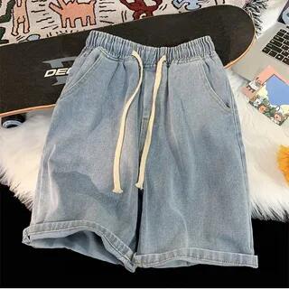 Drawstring Waist Washed Denim Shorts Light Blue by GRAYCIOUS