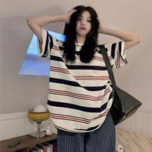 Short-Sleeve Crew Neck Striped Oversized T-Shirt White 235913214