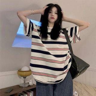 Short-Sleeve Crew Neck Striped Oversized T-Shirt White by Rosesand