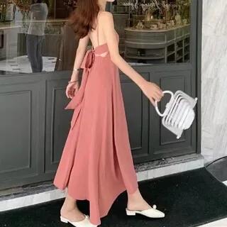 Spaghetti Strap Plain Bow Back Midi A-Line Dress Pink by Cloud Nine
