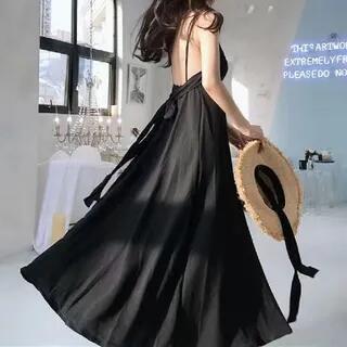 Spaghetti Strap Plain Bow Back Midi A-Line Dress Black by Cloud Nine