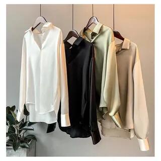 Long-Sleeve Plain Dip-Back Satin Shirt White by Bolgivy