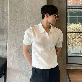 Short-Sleeve Plain Knit Ribbed Polo Shirt White by Naideth
