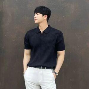 Short-Sleeve Plain Knit Ribbed Polo Shirt Black 235913522