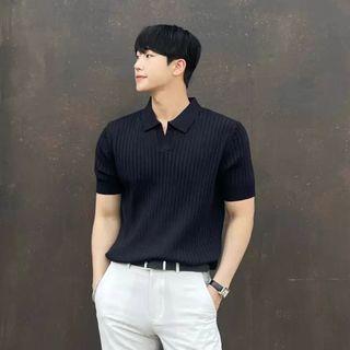 Short-Sleeve Plain Knit Ribbed Polo Shirt Black by Naideth