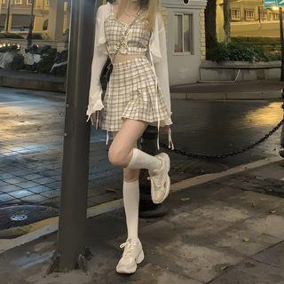 Plaid Cropped Camisole Top / High Waist Mini A-Line Skirt / Bolero Camisole Top - Plaid - Light Khaki by Closette