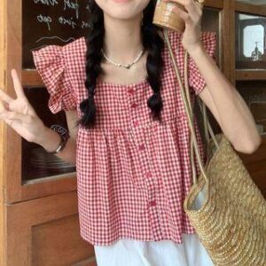 Short-Sleeve Gingham Ruffle Blouse Pink 236710478