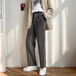 Mid Rise Plain Straight Leg Dress Pants Black by Freehop