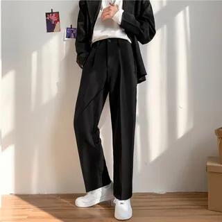 Mid Rise Plain Straight Leg Dress Pants Gray by Freehop