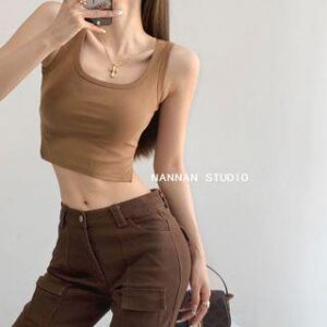 Side-Slit Skinny Crop Tank Top in 5 Colors Khaki 236710874