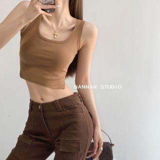 Side-Slit Skinny Crop Tank Top in 5 Colors Khaki by Shira