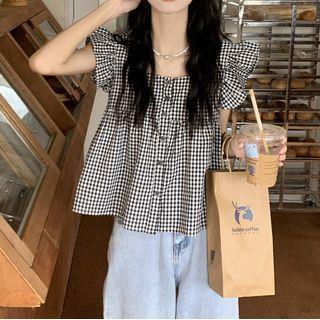 Short-Sleeve Gingham Ruffle Blouse Black by Yako