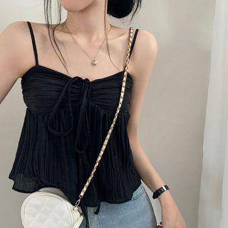 Spaghetti Strap Tie-Front Ruched See-Through Mesh Crop Cami Top Black by Sosana