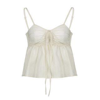 Spaghetti Strap Tie-Front Ruched See-Through Mesh Crop Cami Top Nude by Sosana