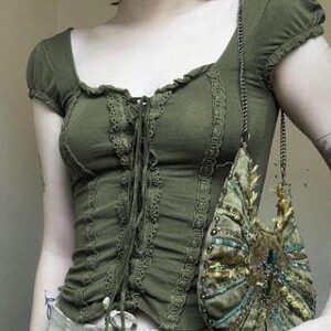 Short Sleeve Square-Neck Lace Panel Ruffled-Trim Tie-Front Crop Top Green 236710990