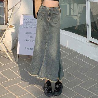 High Waist Washed Fray Hem Midi Mermaid Denim Skirt Blue by Denimot