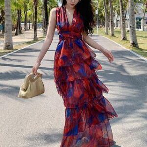 Sleeveless Layered Maxi A-Line Dress Blue & Red 236711197