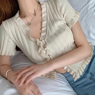 V-Neck Knit Cropped Top Black by MIKIGA