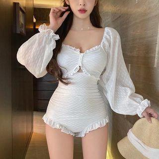 Puff-Sleeve Ruffle Swimsuit White by Faiar