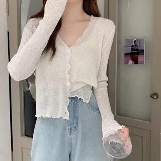 Plain Lettuce Edge Cardigan White by Magimomo