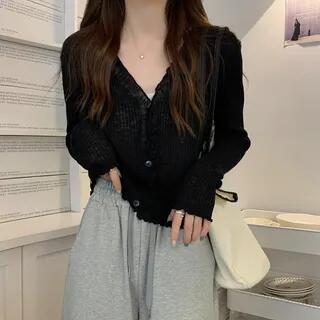 Plain Lettuce Edge Cardigan Black by Magimomo