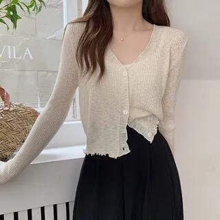 Plain Lettuce Edge Cardigan Almond by Magimomo