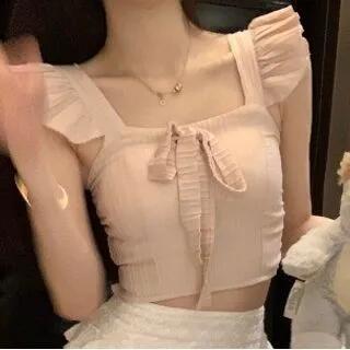 Plain Ruffle Bow Cropped Camisole Top / High Waist Lace Trim Mini A-Line Skirt Camisole Top - Pink by Magma