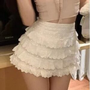 Plain Ruffle Bow Cropped Camisole Top / High Waist Lace Trim Mini A-Line Skirt Skirt - White 237068150