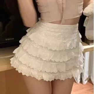 Plain Ruffle Bow Cropped Camisole Top / High Waist Lace Trim Mini A-Line Skirt Skirt - White by Magma