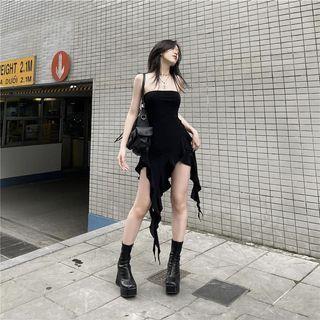 Strapless Plain Ruffle Asymmetrical Mini Bodycon Dress Black by Bababy