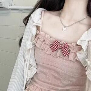 Plain Ruffle Hem Bow Camisole Top / Flared-Cuff Drawstring Ribbed Shrug Camisole - Light Orange Pink 237068372