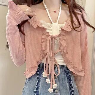 Plain Ruffle Hem Bow Camisole Top / Flared-Cuff Drawstring Ribbed Shrug Shrug - Pink by Fabricino