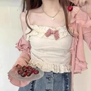 Plain Ruffle Hem Bow Camisole Top / Flared-Cuff Drawstring Ribbed Shrug Camisole - Beige 237068374