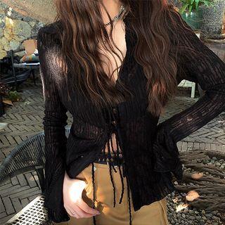 Bell Sleeve V-Neck Collared Plain Sheer Tie Front Blouse Black by Bolgivy