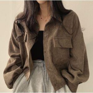 Plain Corduroy Loose-Fit Crop Shirt Black 237068395