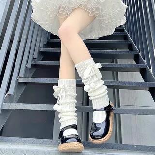 Bow Knit Leg Warmers 1 Bow & Pom Pom - White by Gentiana