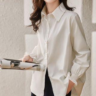 Long-Sleeve Plain Button-Up Shirt / Plain Crew Neck Sweater Vest Shirt - White by MIKIGA