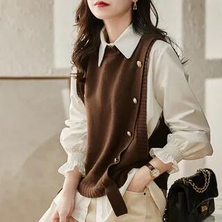 Long-Sleeve Plain Button-Up Shirt / Plain Crew Neck Sweater Vest Vest - Coffee by MIKIGA