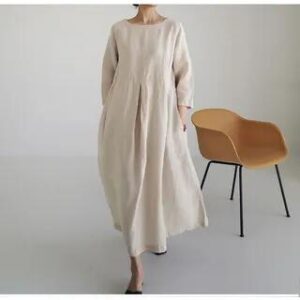 Long-Sleeve Linen Maxi A-Line Dress Dark Green 237068631