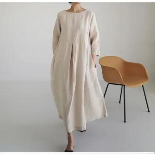 Long-Sleeve Linen Maxi A-Line Dress Dark Green by Lewwe