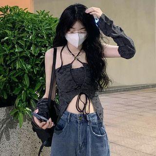Halter-Neck Plain Distressed Drawstring Crop Top Dark Gray by Bolgivy